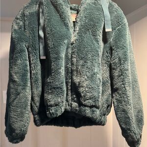 Philosophy Plush Teal Green Faux Fur Zip Hoodie Jacket